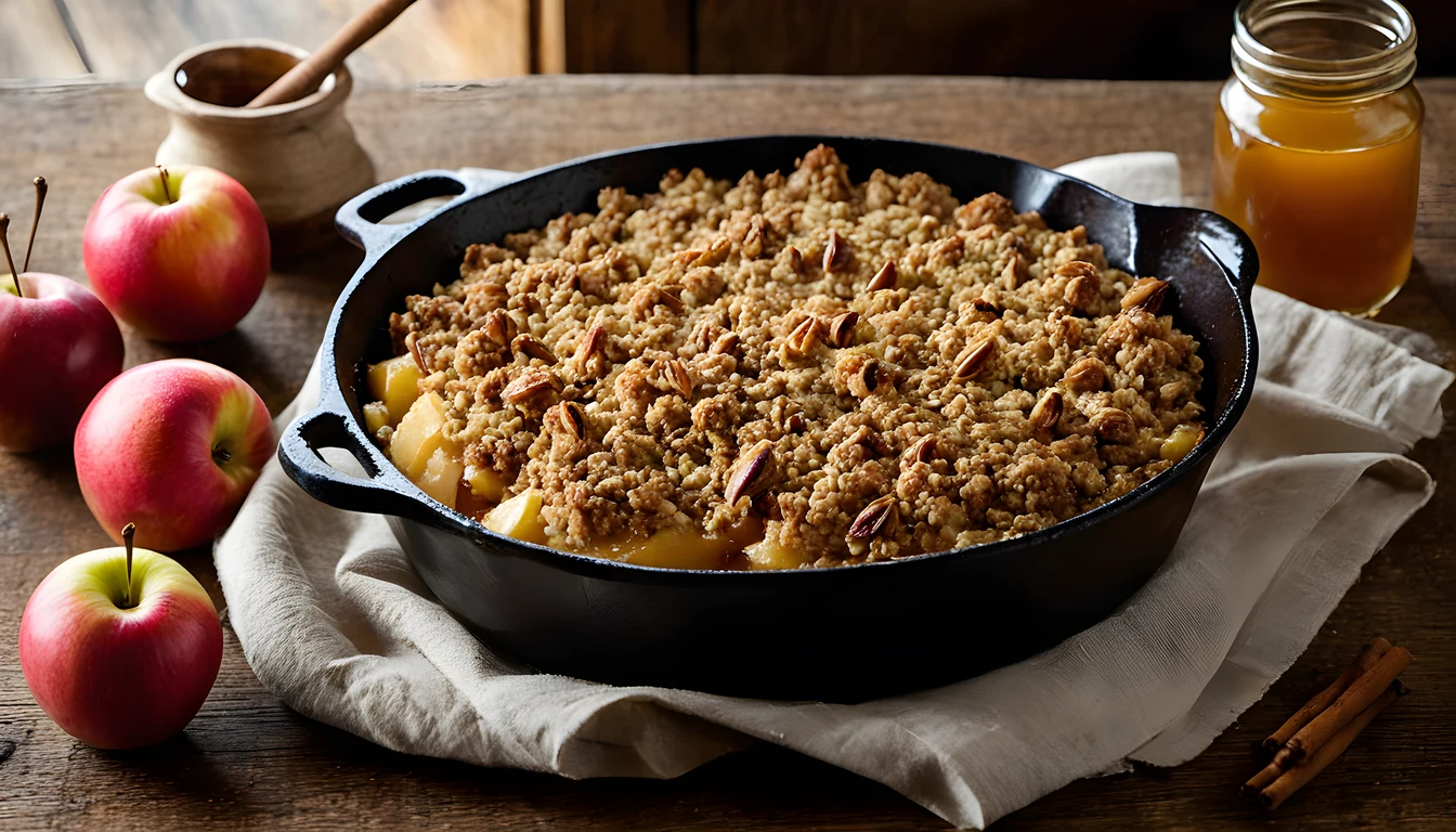 Apple crisp in a cast iron skillet beside red apples, cinnamon sticks and a jar of amber honey