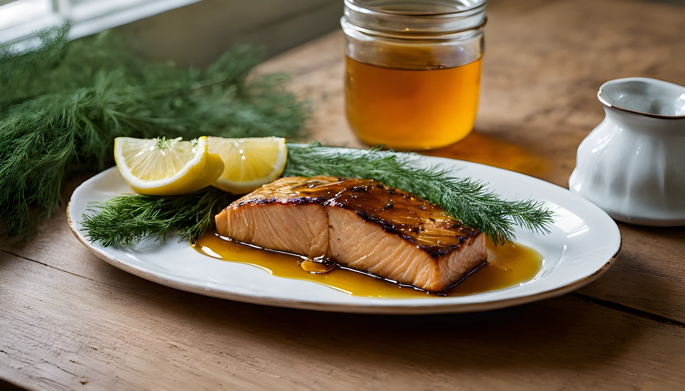 Honey-glazed salmon fillet on a white plate with lemon wedges and dill, beside a jar of amber honey