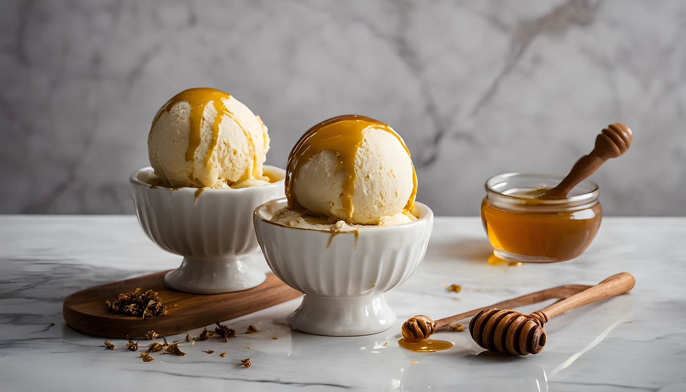 Two dishes of vanilla ice cream drizzled with golden honey on a marble counter, with a jar of honey and wooden honey dippers