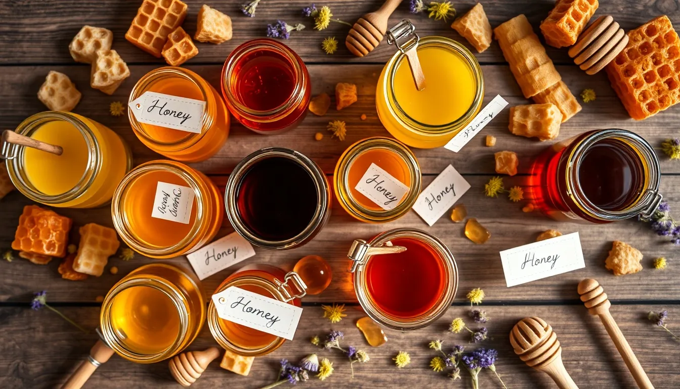 Curated collection of honey varieties from light golden to deep dark amber