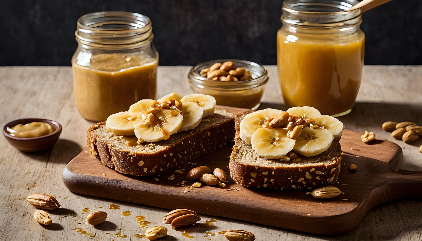 Whole grain toast with banana slices and a honey drizzle on a wooden board, with jars of peanut butter and honey behind it
