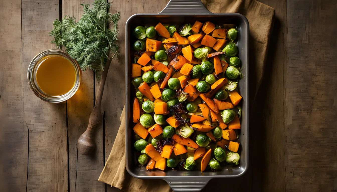 Overhead view of a pan of roasted carrots, sweet potatoes and Brussels sprouts beside a small jar of amber honey