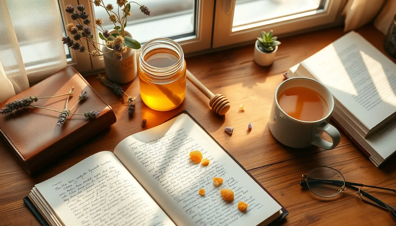 Honey journal workspace with golden honey jar, dried flowers, and morning light