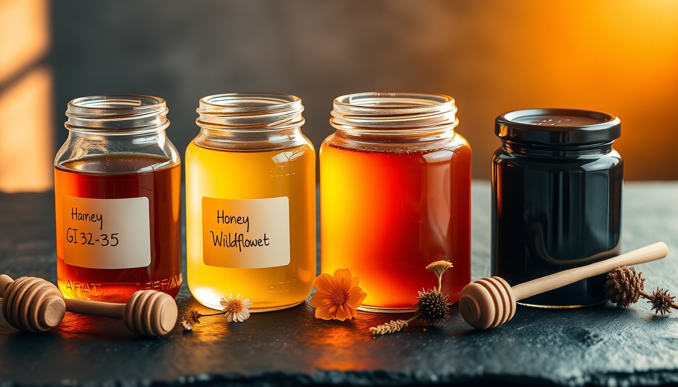 Four honey varieties from pale acacia to dark buckwheat backlit on dark slate, each labeled with its primary benefit