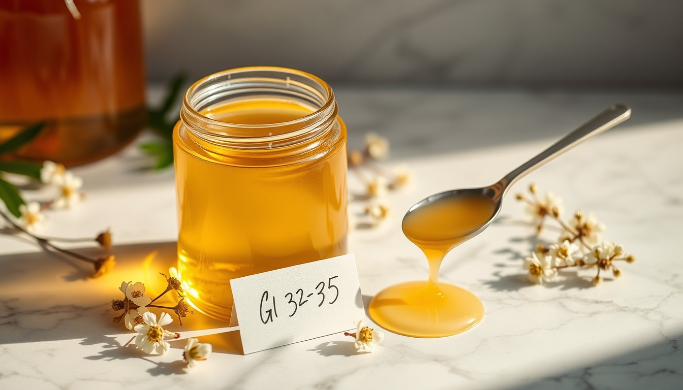 Crystal-clear pale acacia honey jar with GI label beside black locust flowers, showcasing its exceptional low-glycemic clarity
