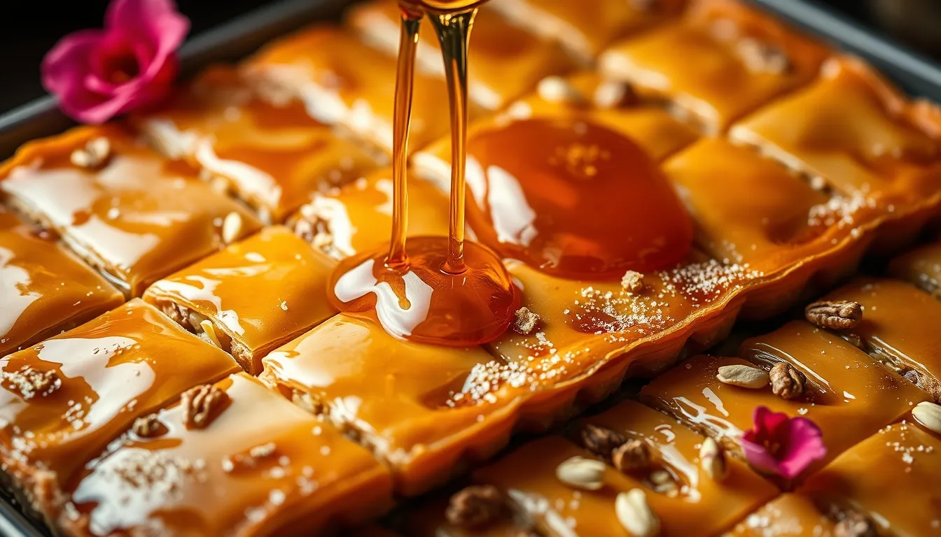 Freshly baked honey-walnut baklava glistening with honey syrup, diamond cuts revealing golden phyllo layers and walnut filling with honey being poured over the top