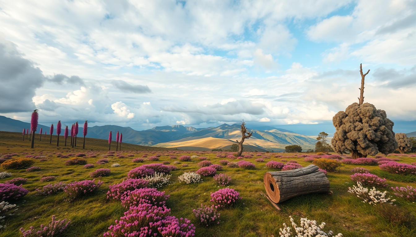 Dramatic landscape of Bale Mountains Ethiopia — volcanic plateau with giant Erica tree heather in bloom, mist rising from the highland forest, Afroalpine meadows covered in wildflowers, traditional log beehive visible mounted in a tree at forest edge, warm golden afternoon light, documentary nature photography style