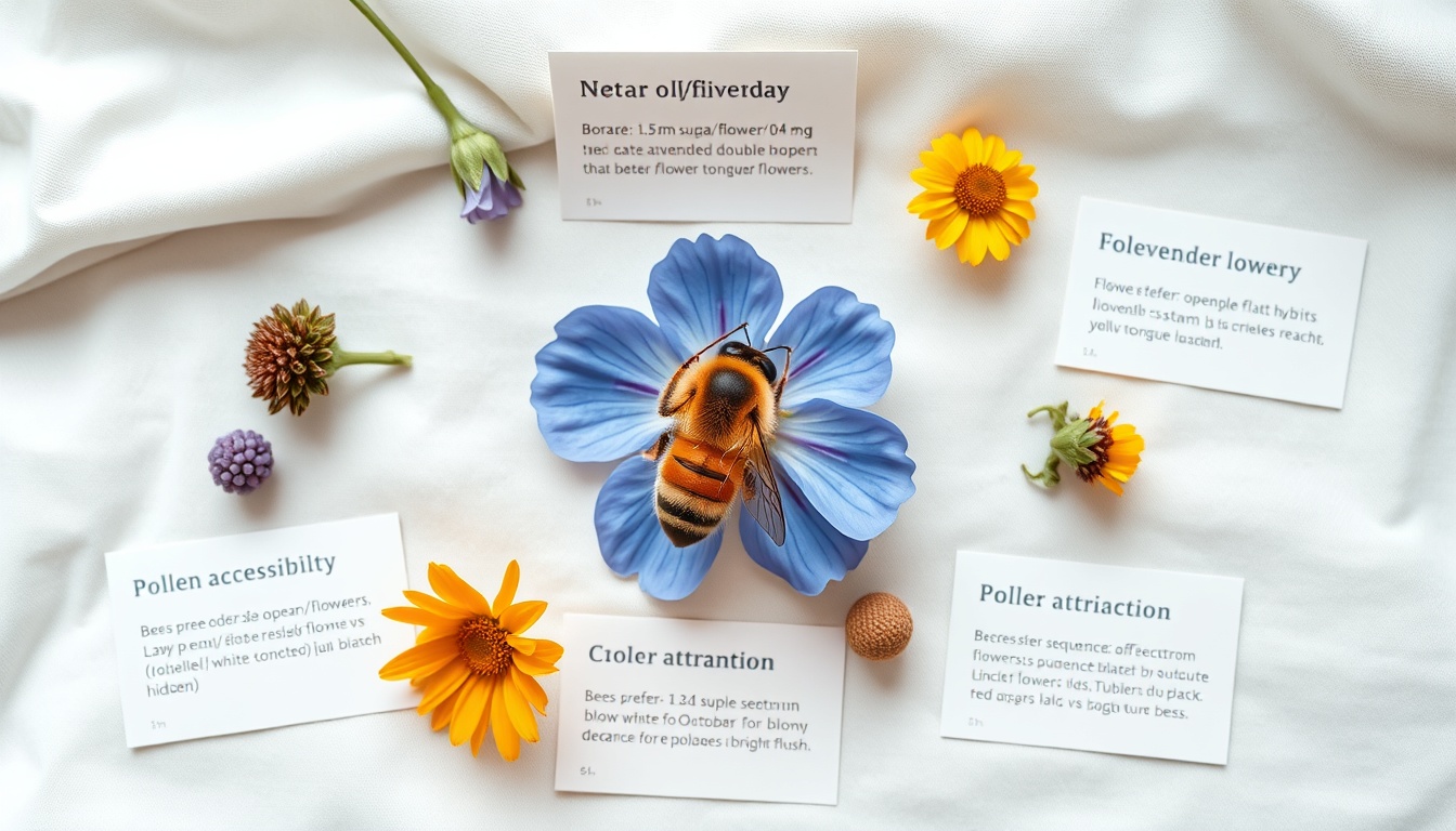 Honey bee foraging on open borage flower with pollen-laden saddlebags, surrounded by bee-friendly plant science cards showing nectar production, flower shape, color attraction, and bloom duration
