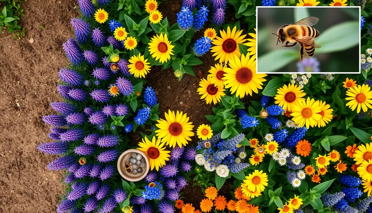 Aerial view of a lush bee-friendly summer garden in peak bloom with lavender, borage, sunflowers, catmint and honey bees foraging throughout