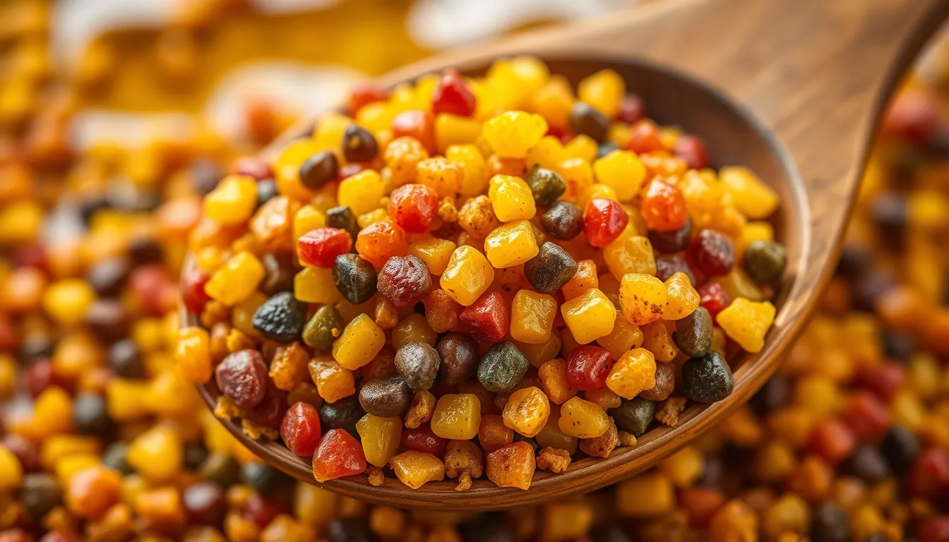 Macro close-up of multicolored bee pollen granules — vivid yellow, orange, red, and purple pellets from diverse floral sources