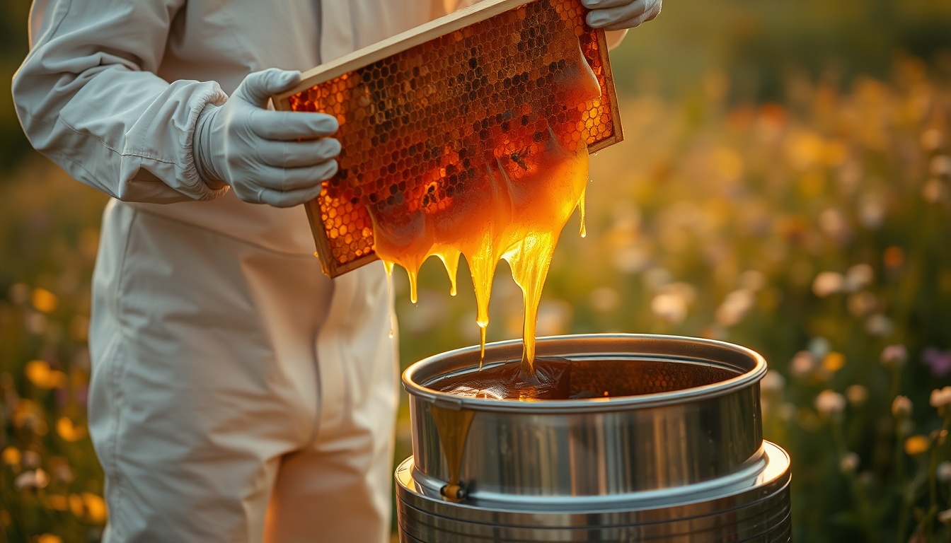 Beekeeper in white protective suit holding a honeycomb frame dripping with raw honey at golden hour in a wildflower meadow