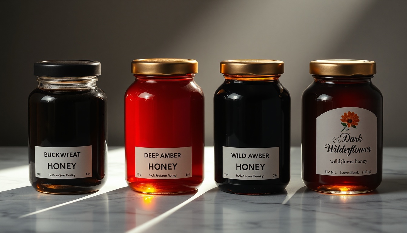 Color gradient comparison of dark honey varieties backlit on marble: near-black buckwheat, heather, manuka, and dark wildflower