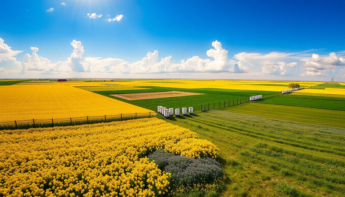 Stunning aerial panoramic photograph of a golden Alberta Prairie wildflower landscape in summer bloom — vast flat farmland with patches of bright yellow canola fields, purple clover meadows, and wild prairie wildflowers stretching to the horizon under a massive blue sky with white clouds, traditional wooden beehives in a row along a farm fence, warm summer afternoon light