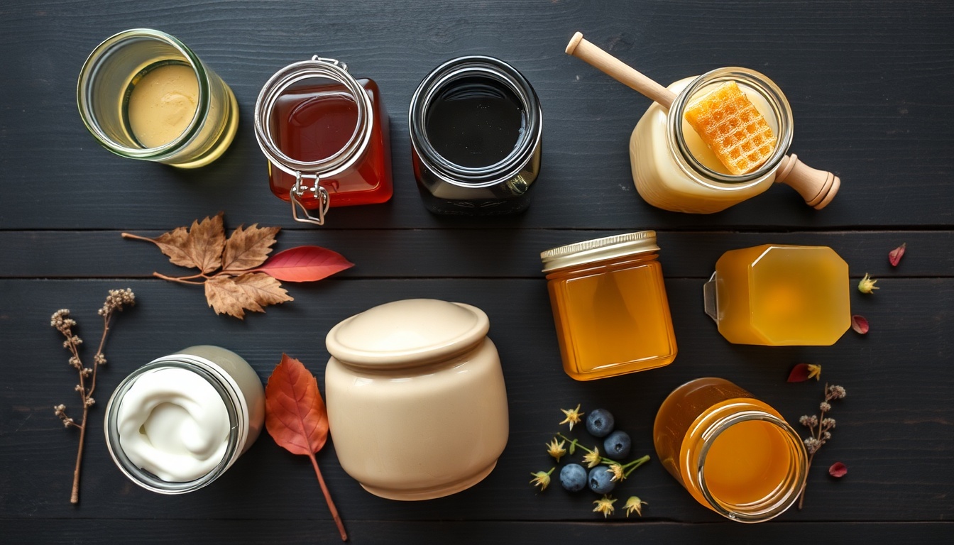 Beautiful overhead flat-lay food photography of six Canadian honey varieties on a rustic dark wood surface with natural Canadian wilderness elements — left to right: a nearly transparent water-white glass jar of fireweed honey with a birch-bark label, deep dark almost-black buckwheat honey in a mason jar, pale golden prairie clover honey, white creamed canola honey in a ceramic crock, amber blueberry honey, pale basswood honey — scattered dried fireweed flower stalks, a small sprig of basswood leaves, and raw honeycomb piece as styling elements, warm golden afternoon light