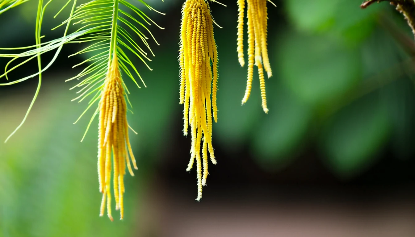 Sweet chestnut tree with long creamy-yellow hanging catkins in a summer woodland