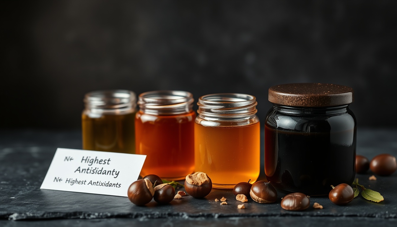 Chestnut honey antioxidant comparison — four honey varieties from pale acacia to near-black chestnut honey backlit, showing the dramatic color and antioxidant gradient between light and dark honeys