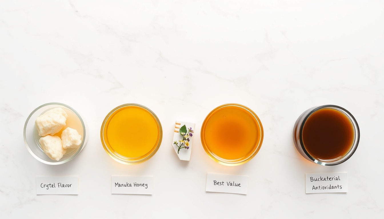Four honey varieties in matching glass bowls from pale acacia to dark buckwheat, each labeled with its primary benefit