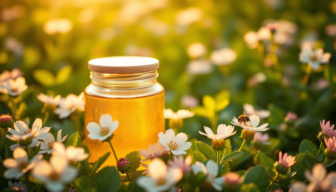 Golden jar of clover honey glowing in a lush field of blooming white and pink clover with a honeybee on a nearby flower