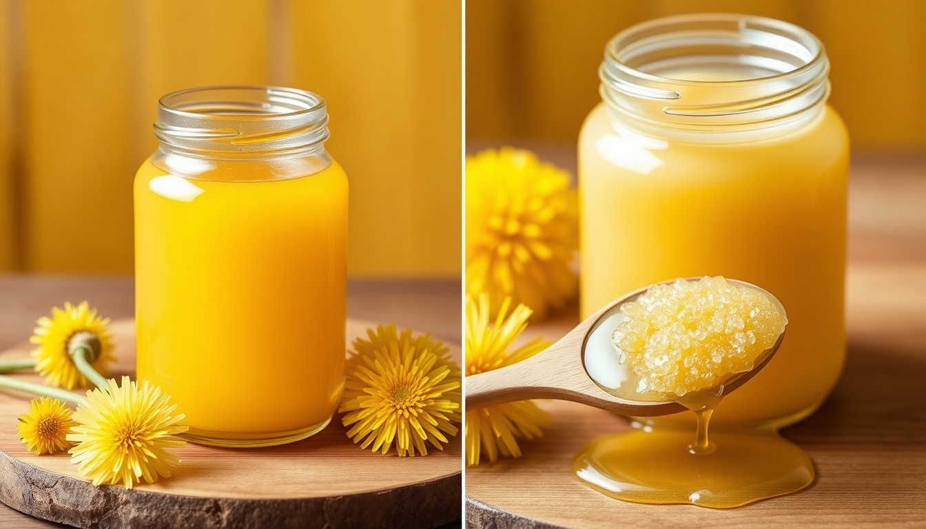 Dandelion honey crystallization — side-by-side comparison of fresh liquid dandelion honey in a glass jar (vivid yellow-gold, transparent) next to set crystallized dandelion honey (pale cream-yellow, opaque, spreadable texture) on a wooden board with fresh dandelion blooms