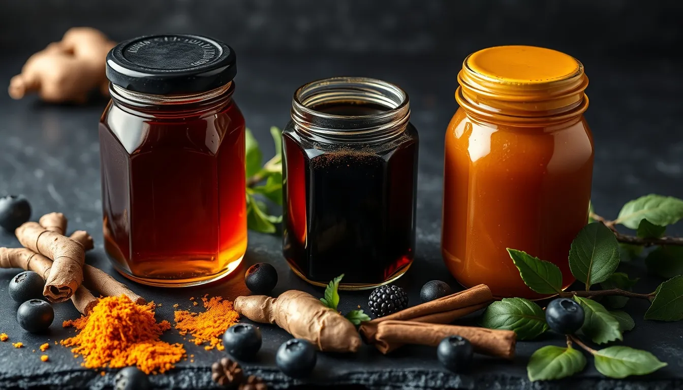 Three dark honey varieties (buckwheat, chestnut, wildflower) in glass jars on dark slate with anti-inflammatory foods including turmeric, ginger, cinnamon sticks, and blueberries