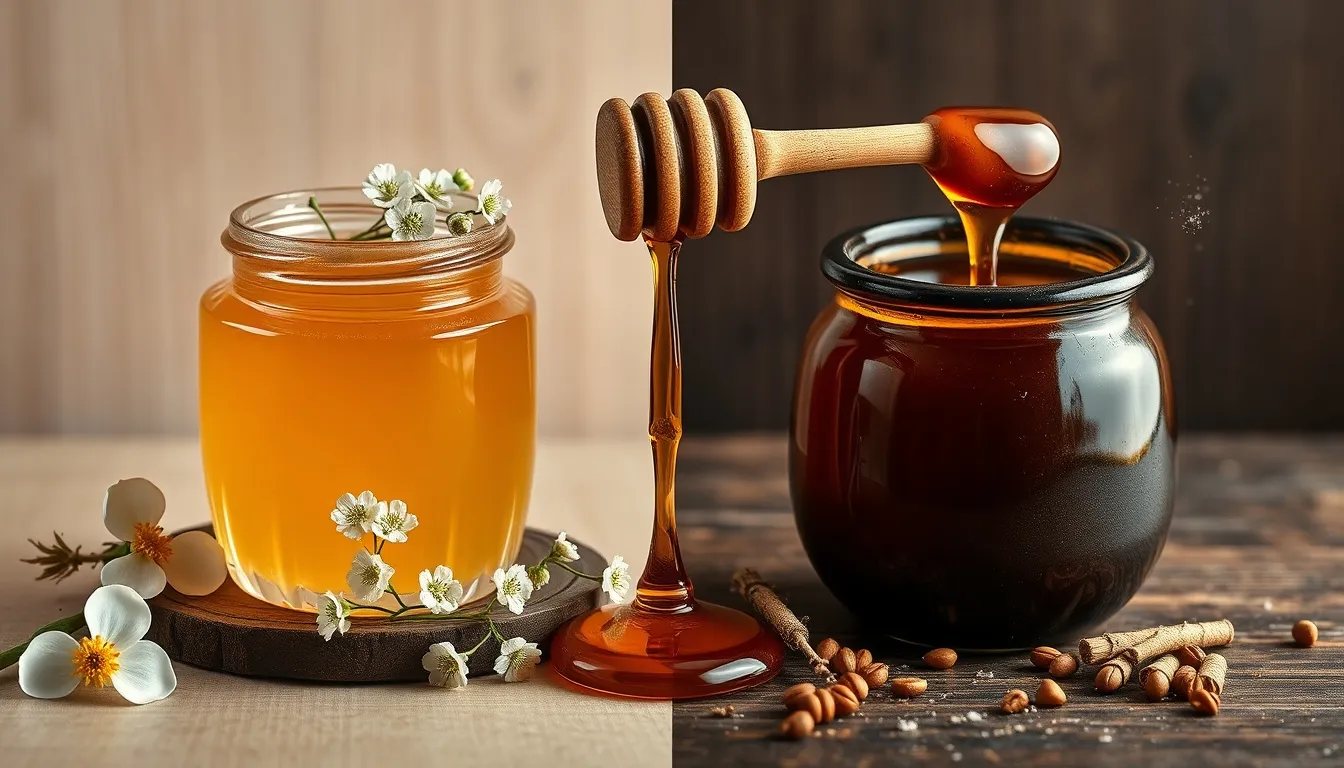 Split scene: pale acacia honey with white blooms left, dark buckwheat honey in ceramic jar right, joined by honey dipper