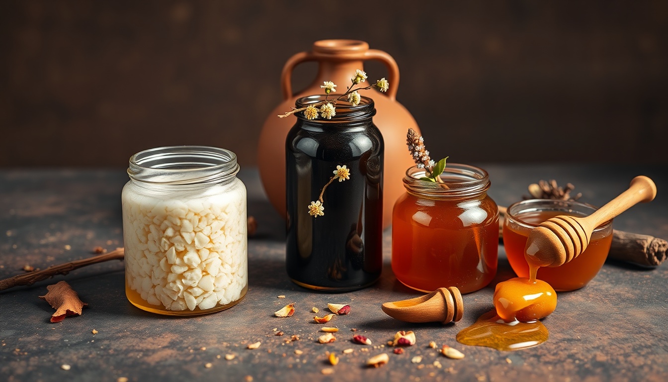 Beautiful overhead flat lay of Ethiopian honey varieties on a dark carved wood surface — three glass vessels showing different Ethiopian honeys: pale creamy white highland honey, deep amber coffee forest honey, and dark almost-black Afar lowland honey — surrounded by wild coffee branches with white blossoms, dried Erica heather sprigs, a traditional Ethiopian birille clay flask, and a carved wooden honey dipper dripping golden honey, warm golden light
