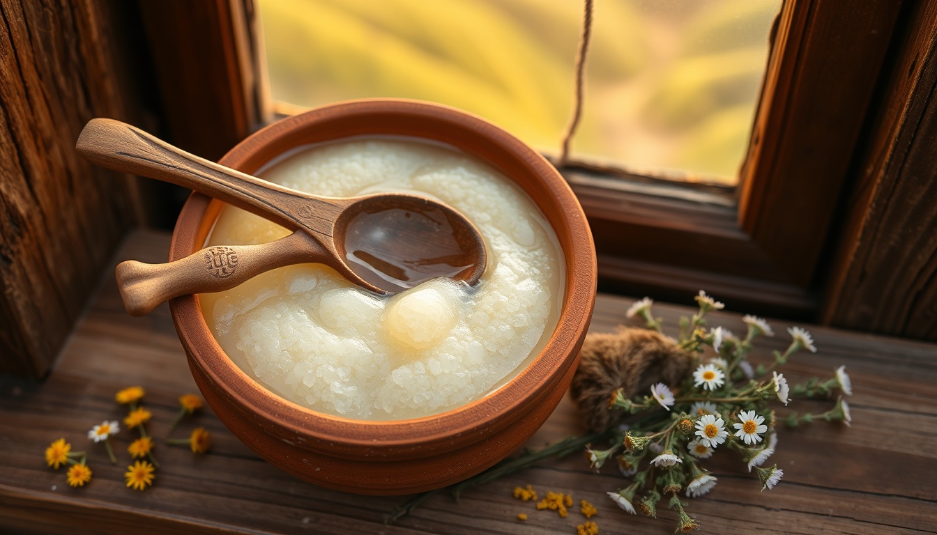 Artisan Ethiopian white honey in a hand-thrown clay pot on a rustic wooden surface — the honey is creamy white and crystallized, with a carved wooden honey spoon resting across the top, surrounded by dried wildflowers and Ethiopian highlands landscape visible through a window, warm afternoon light