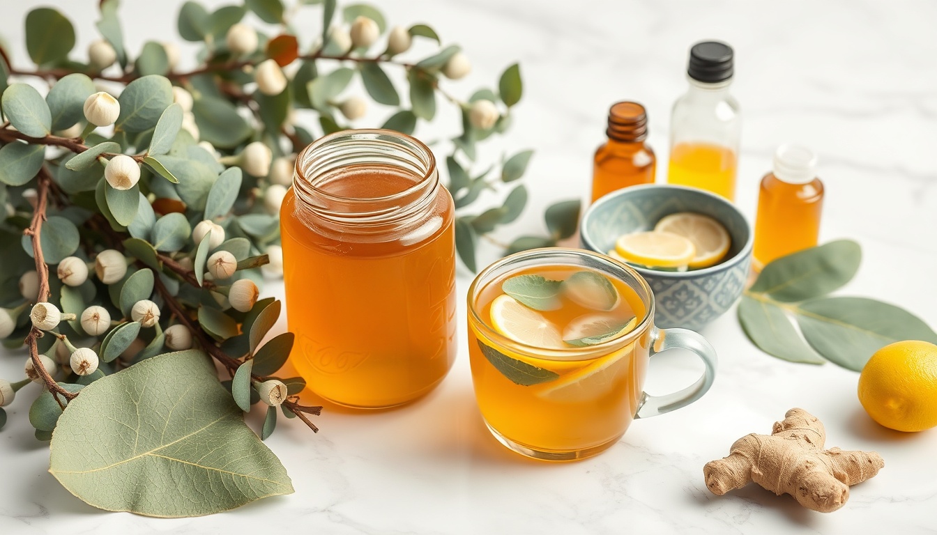Eucalyptus honey respiratory health — eucalyptus honey jar surrounded by fresh eucalyptus branches, steaming honey tea with lemon, and eucalyptus steam bowl for sinus and respiratory relief
