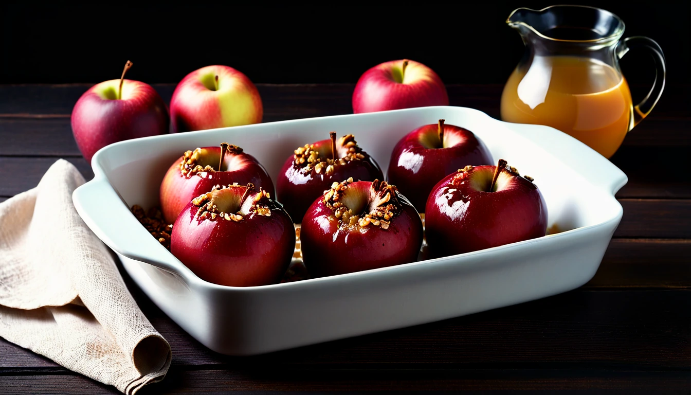 Baked red apples filled with oats and walnuts in a white baking dish, glossy with honey, a jug of honey behind