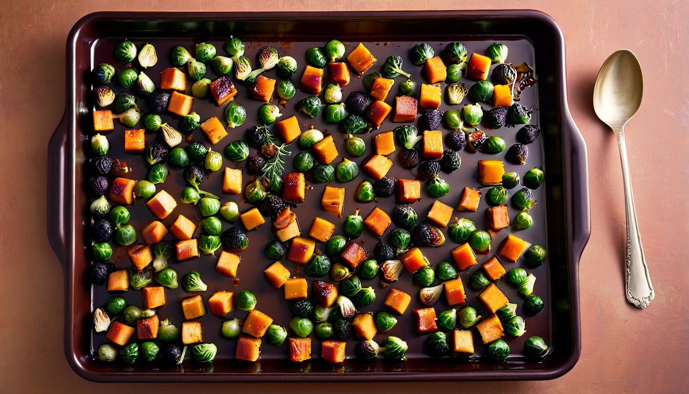 Sheet pan of roasted butternut squash cubes and Brussels sprouts with a honey glaze and thyme