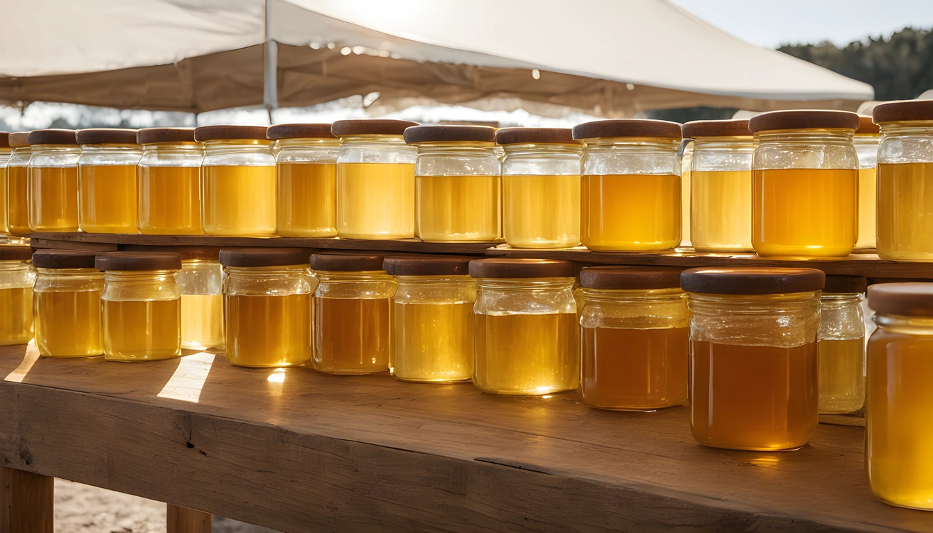 Rows of glass jars of honey from pale gold to amber on a wooden market table under a white canopy