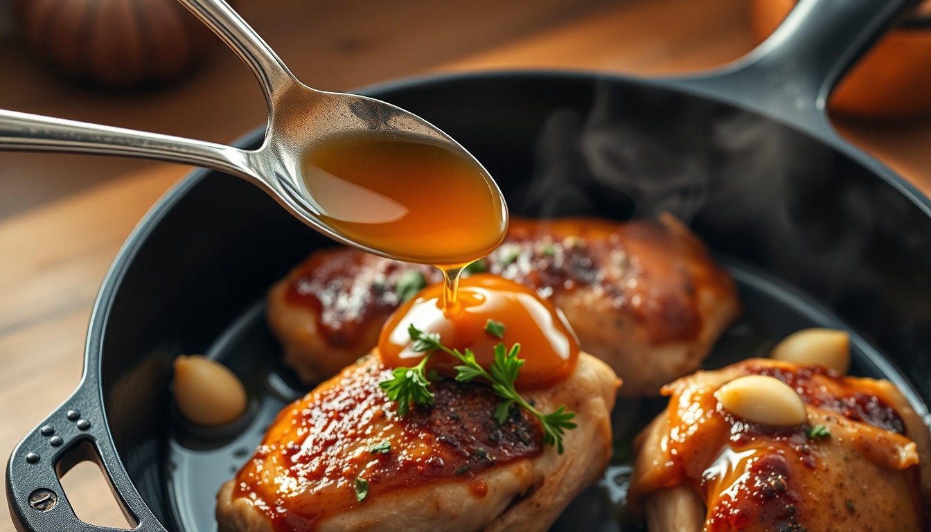 Fermented honey garlic sauce drizzled over golden roasted chicken thighs in a cast iron skillet, garlic cloves visible in the amber honey glaze with fresh herbs