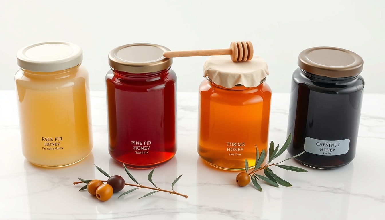 Four glass jars of Greek honey varieties arranged on a white marble surface — pale cream fir honey, dark amber pine honey, golden thyme honey, and near-black chestnut honey — Greek ceramic jar lids, olive branch garnish