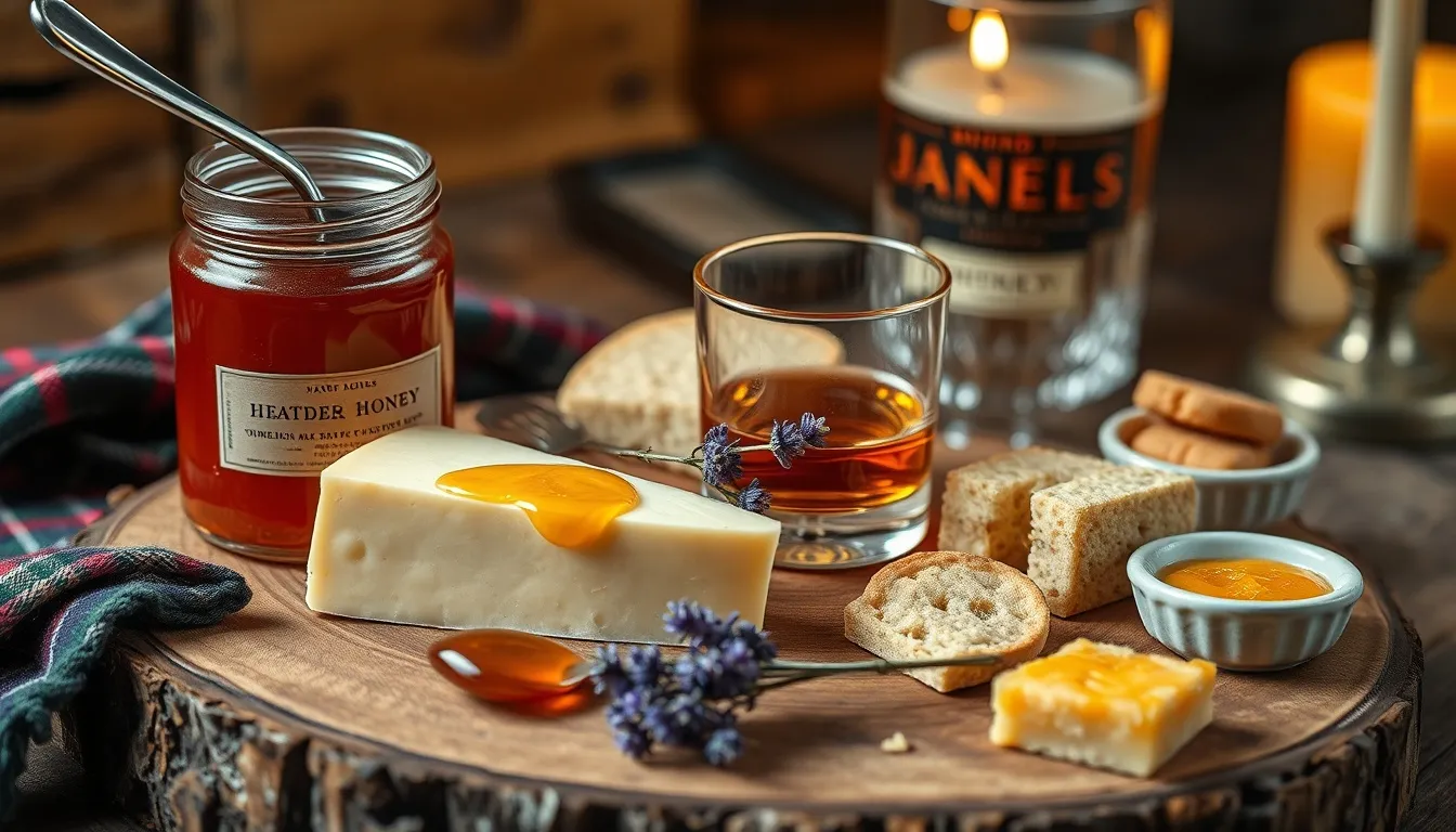 Heather honey culinary pairings on a rustic oak board — reddish-amber honey drizzled over aged Scottish cheddar, oatcakes, single malt Scotch whisky, heather honey butter, and purple heather sprigs