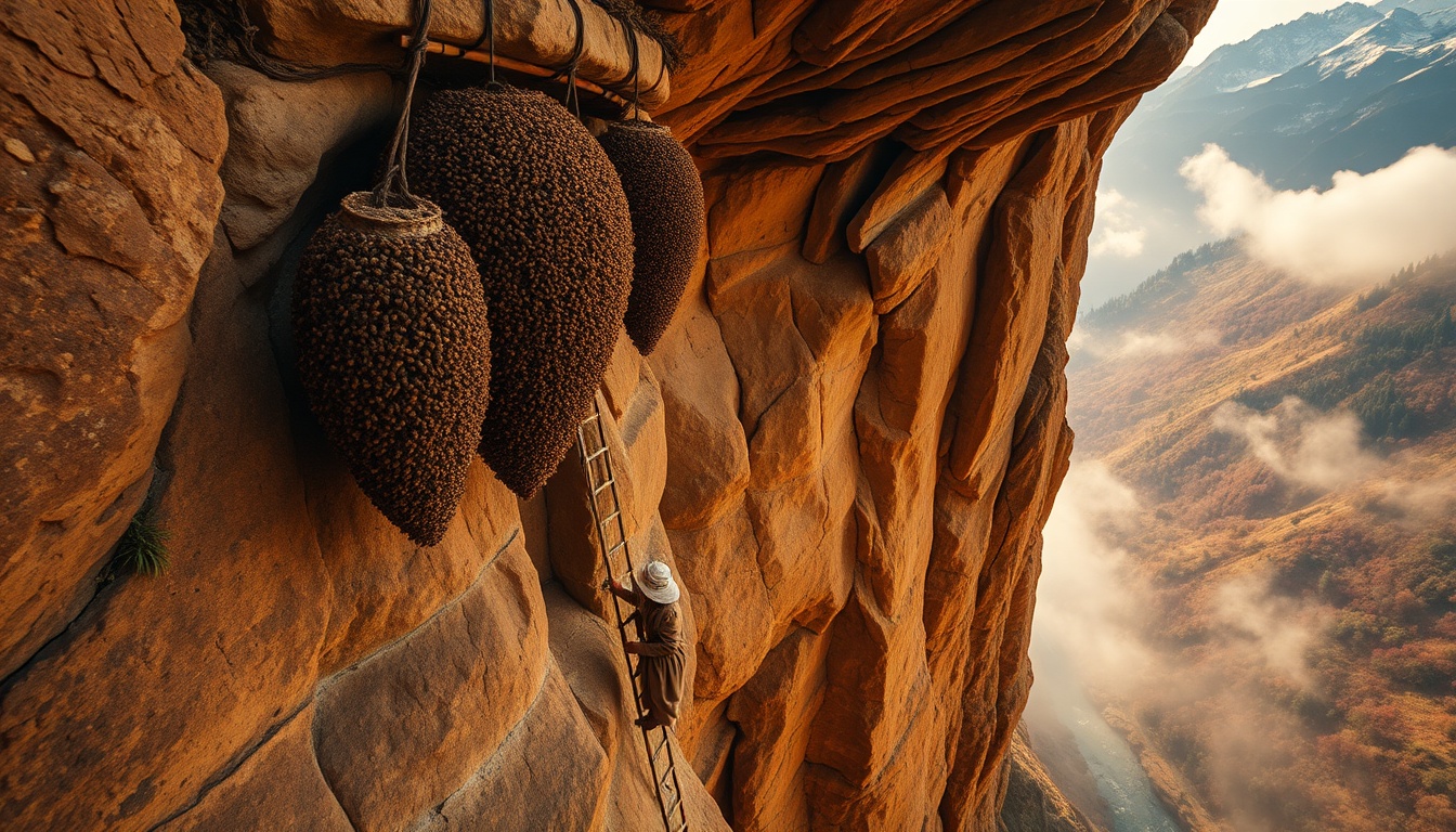 Dramatic landscape of Himalayan honey harvest — enormous wild Apis dorsata honeycomb on vertical cliff face, traditional Gurung honey hunter descending on bamboo-and-rope ladder with smoke basket, misty Himalayan gorge with snow peaks in distance, documentary photography style