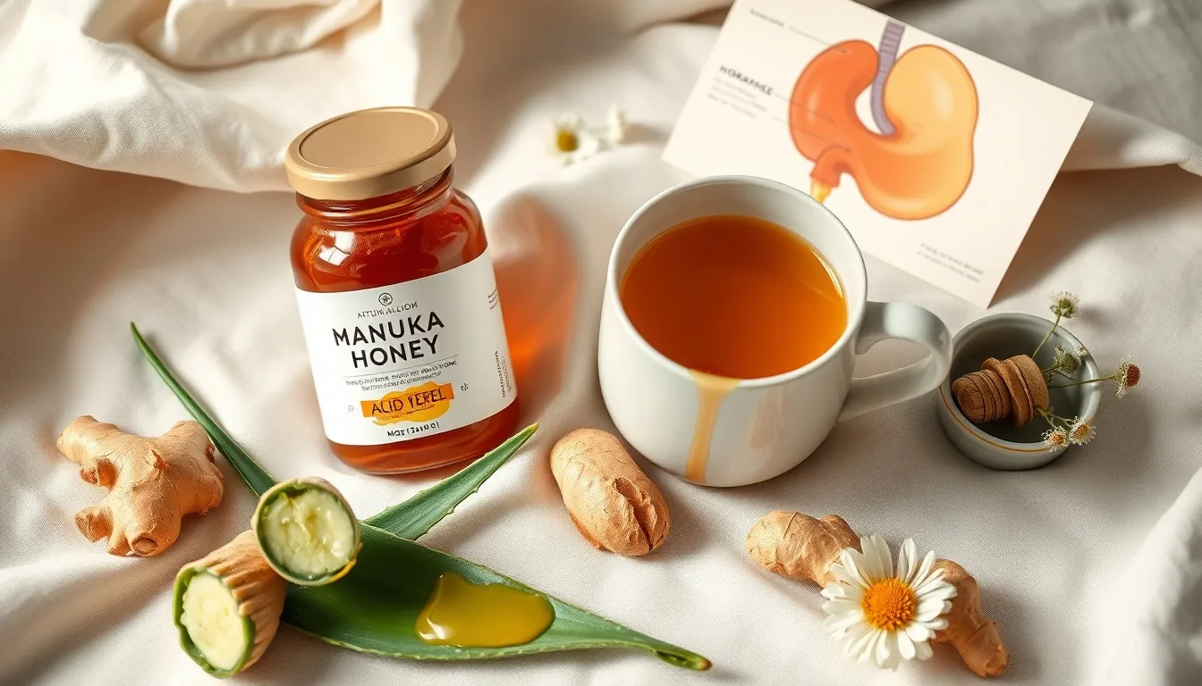 Natural acid reflux remedy scene with manuka honey, chamomile tea, aloe vera, fresh ginger, and licorice root for digestive soothing
