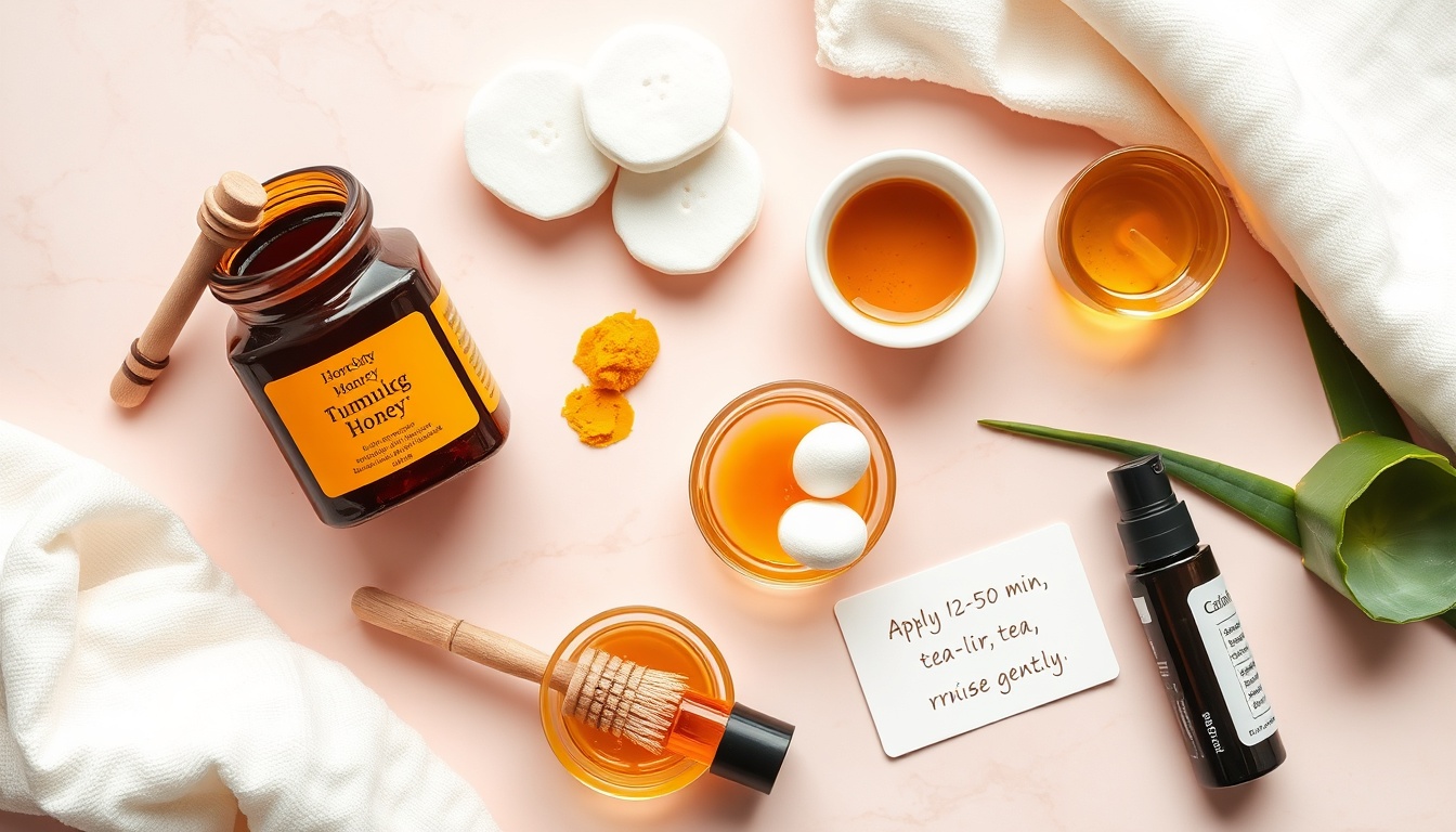 DIY honey acne care supplies on pink marble — Manuka honey in glass bowl, turmeric golden paste, cosmetic applicator brush, cotton rounds, aloe vera, tea tree oil, with application instructions