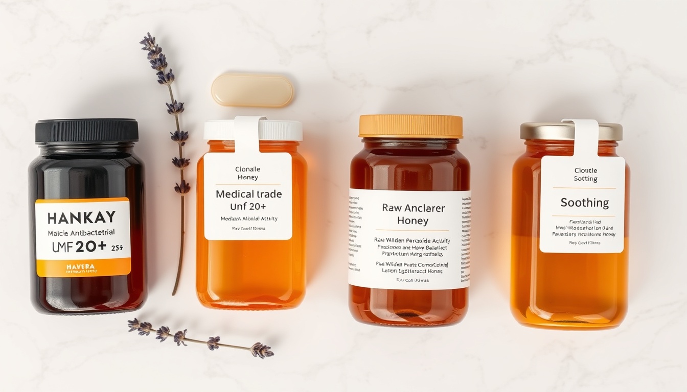 Four honey varieties compared for acne treatment potency on white marble — Manuka UMF 20+ medical grade, Manuka UMF 10+, raw wildflower, and raw clover honey with antibacterial compound labels