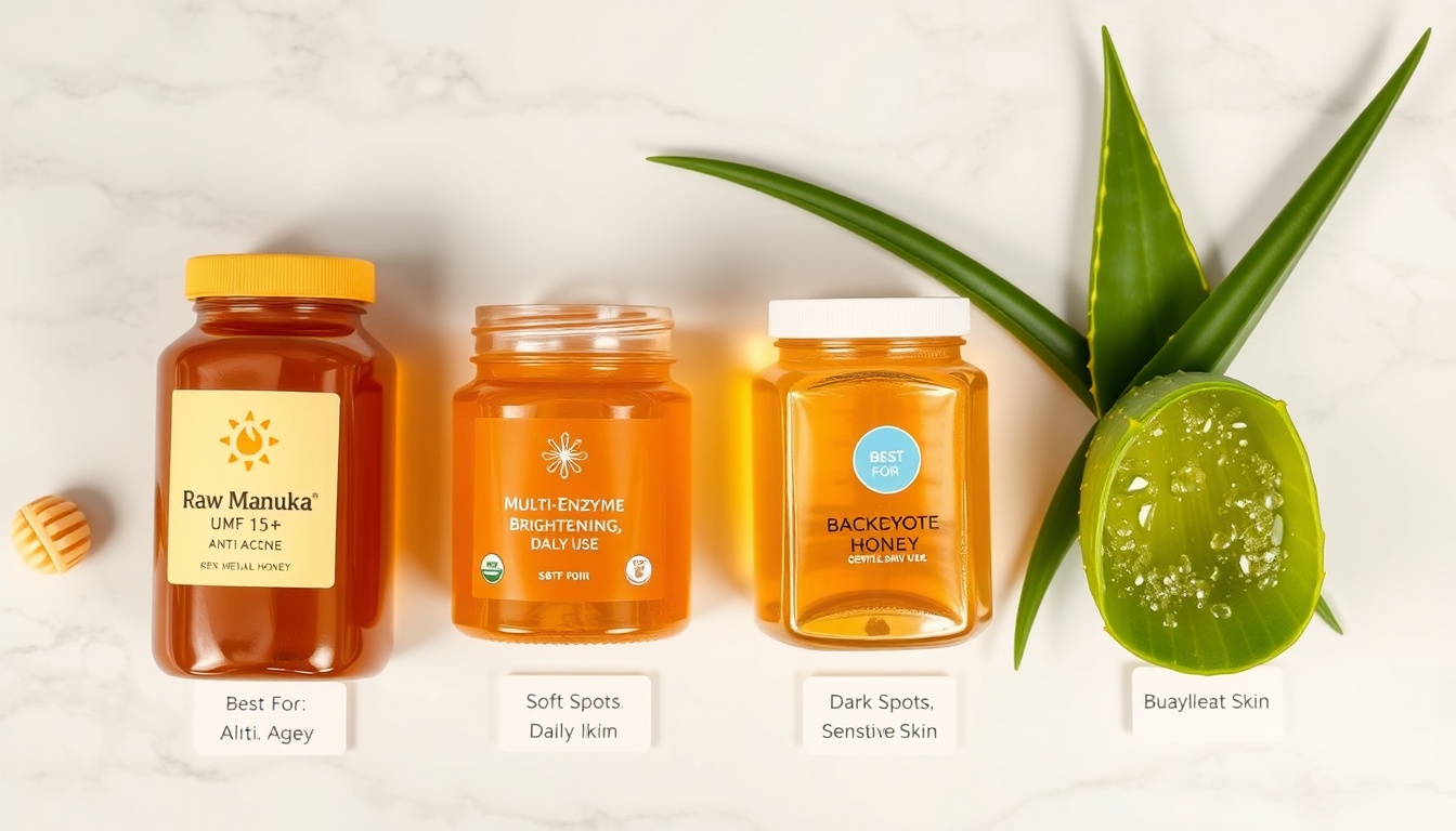 Honey varieties for aloe: Manuka UMF 15+ healing, wildflower brightening, acacia sensitive, buckwheat dark spots on marble