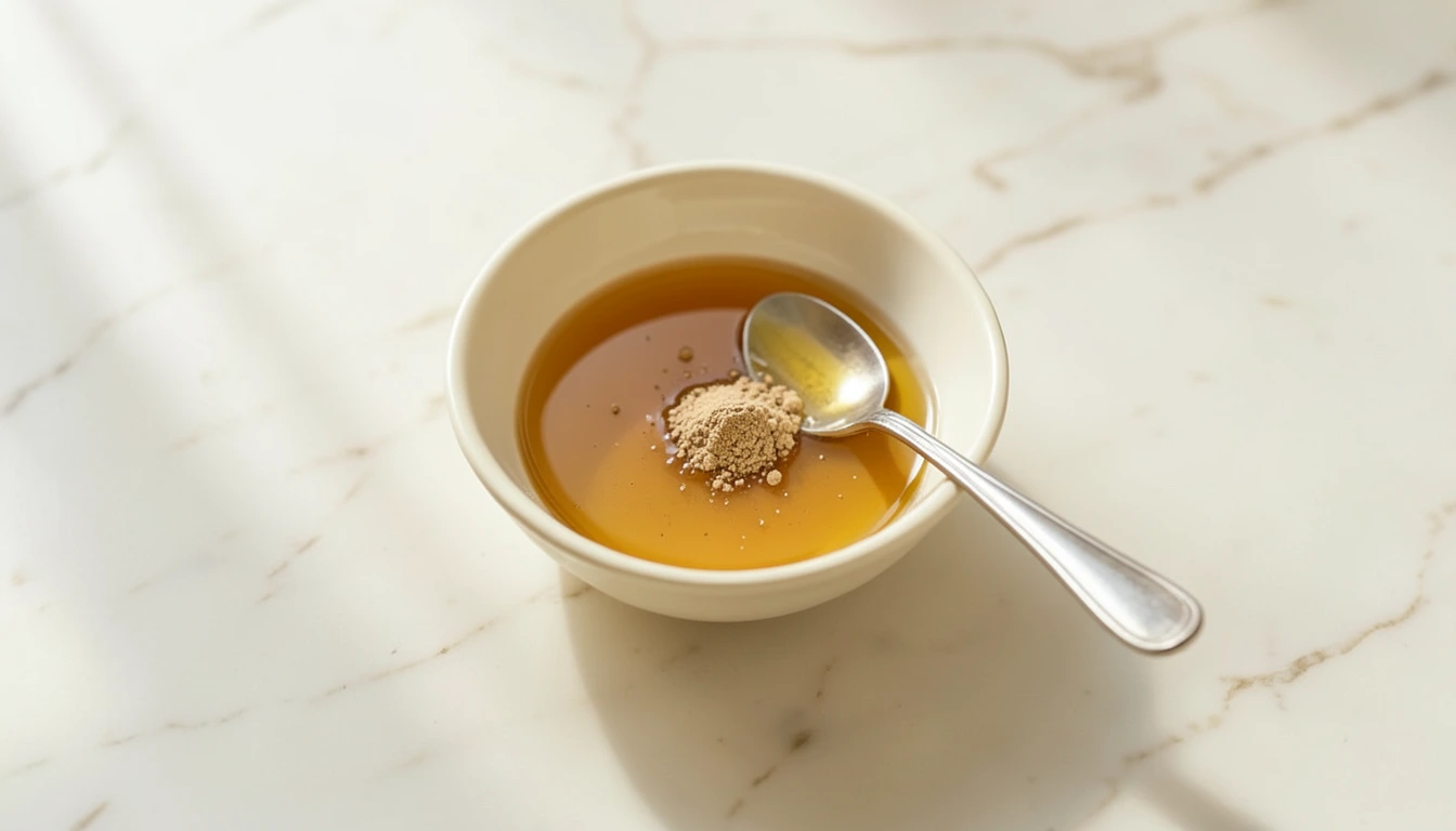 A pinch of ground cardamom on honey in a small bowl, ready to stir
