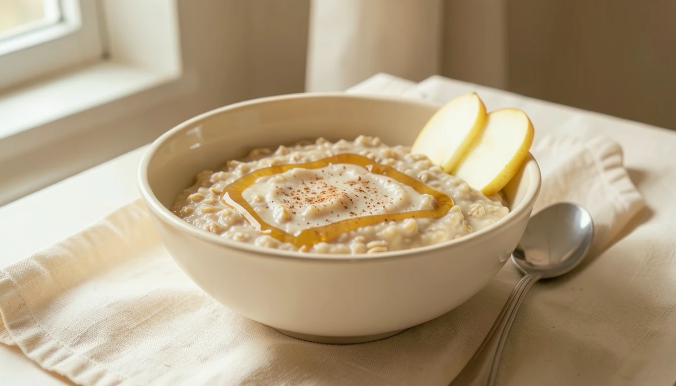 Porridge with a honey drizzle, ground spice, and sliced pear