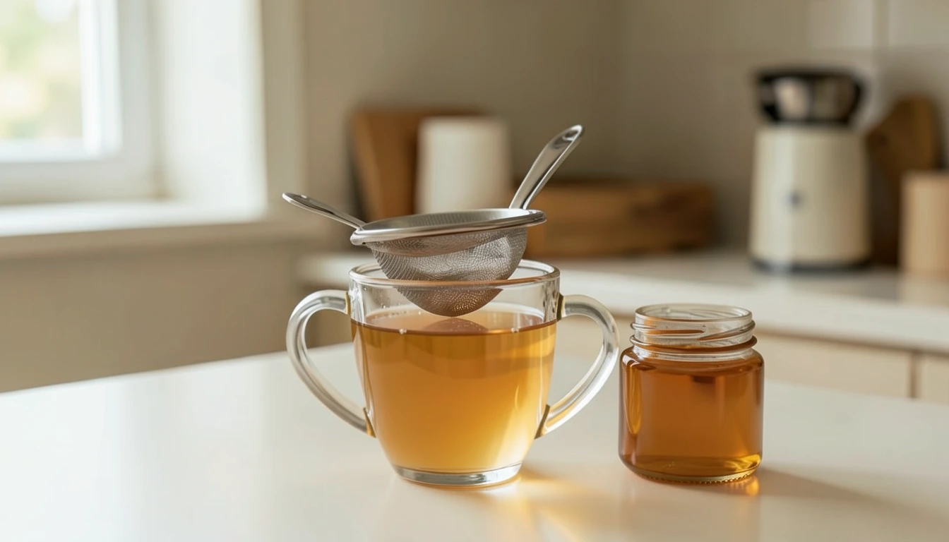 A tea strainer over a glass mug beside a jar of honey