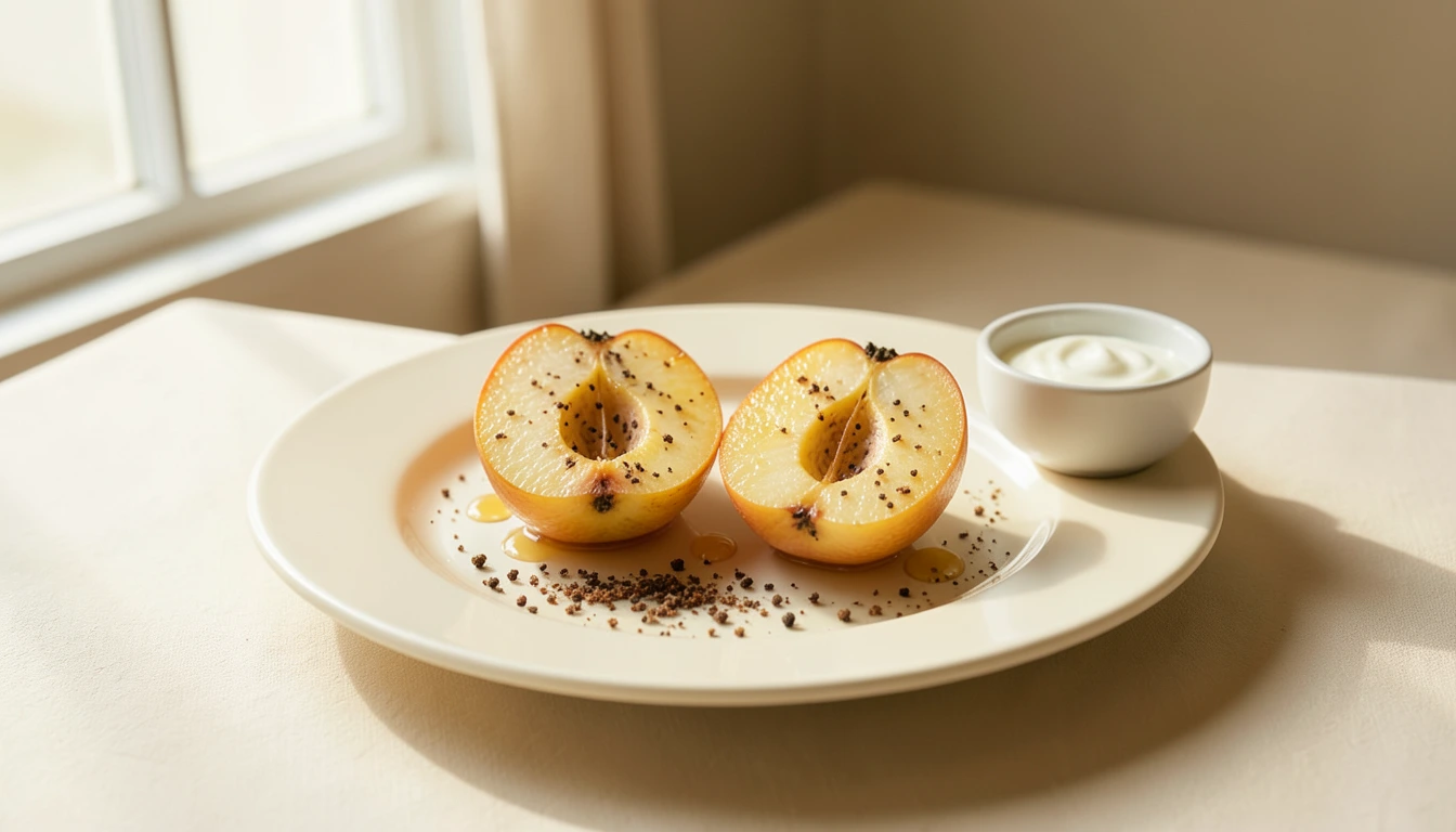 Baked pear halves with a light honey drizzle and yogurt alongside