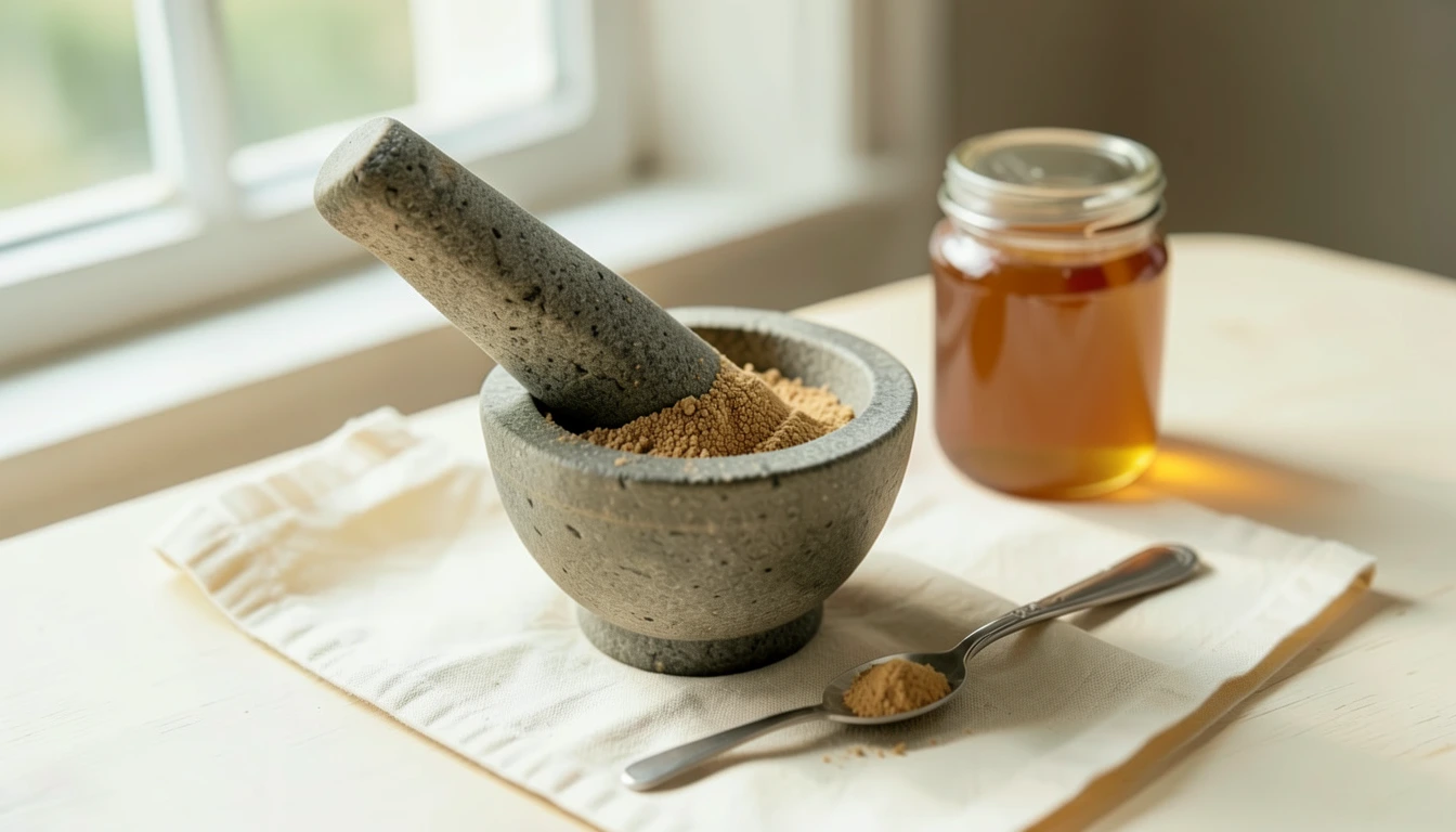 Finely ground spice in a mortar with a small measuring spoon and honey nearby