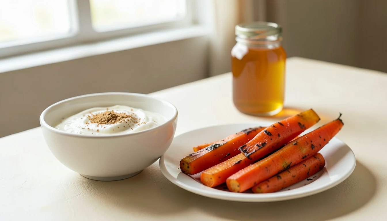 Yogurt dressing beside roasted carrot batons and a jar of honey