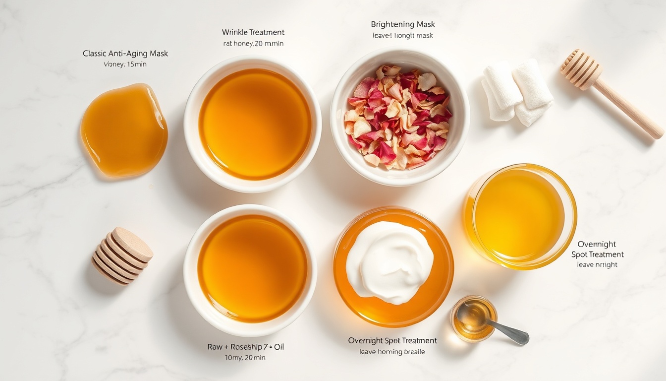 Four white bowls of honey face masks on marble: Manuka, honey-rosehip oil, yogurt-turmeric, and overnight spot treatment