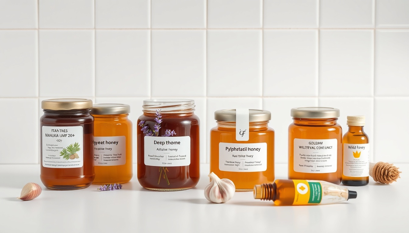 Four honey varieties ranked for antifungal properties against ringworm — Manuka UMF 20+, thyme honey, buckwheat, and raw wildflower — with evidence cards and therapeutic companions on white surface