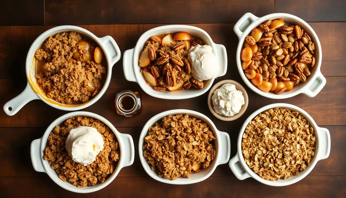 Five honey apple crisp topping variations in white ceramic baking dishes: classic oat, pecan pie, maple-oat, ginger snap, and almond-oat