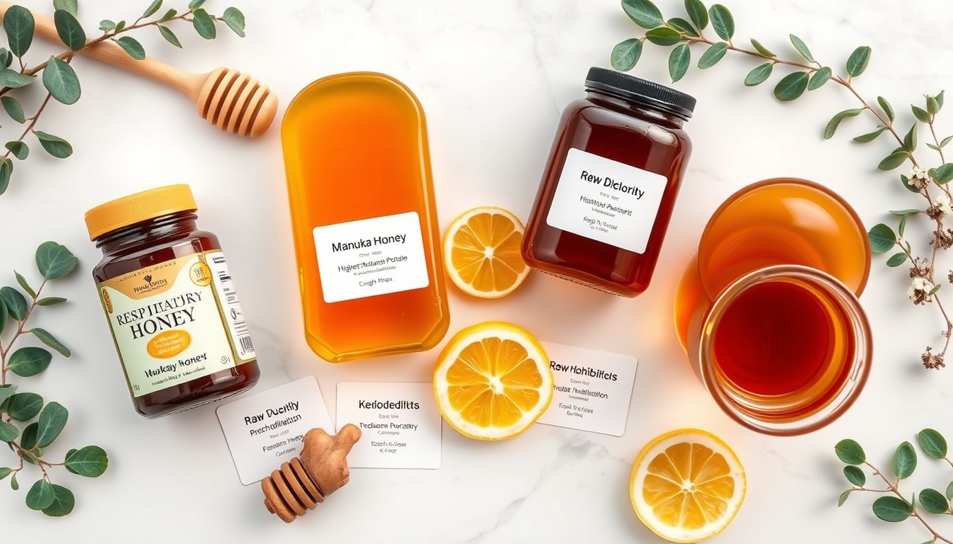 Best honey types for respiratory health: Manuka, buckwheat, wildflower, and eucalyptus honey varieties with companion respiratory botanicals on white marble