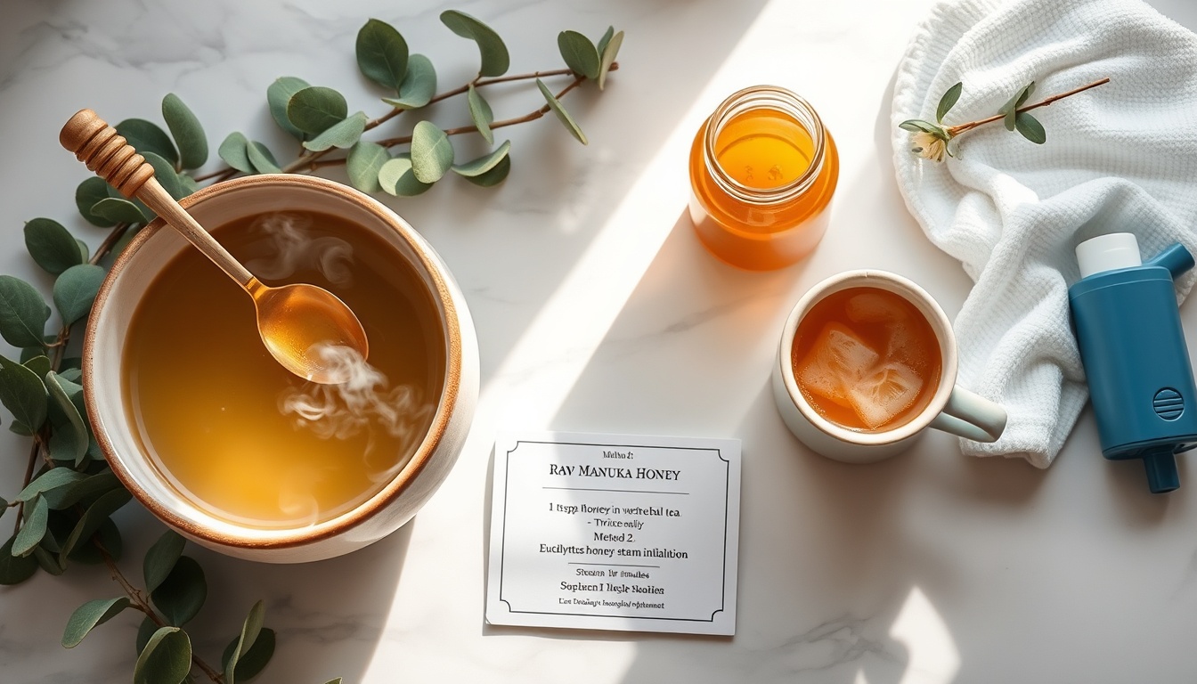 Natural honey respiratory support: Manuka honey dissolving in warm herbal tea beside eucalyptus steam bowl showing complementary asthma support methods